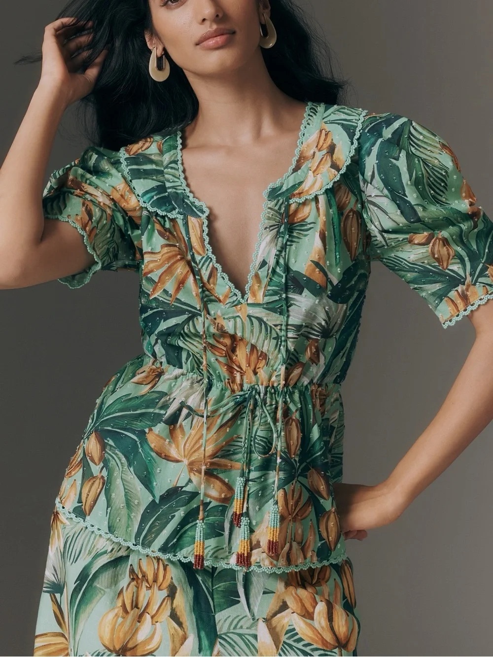 FARM Rio Green Tropical-Print V-Neck Tie-Waist Blouse